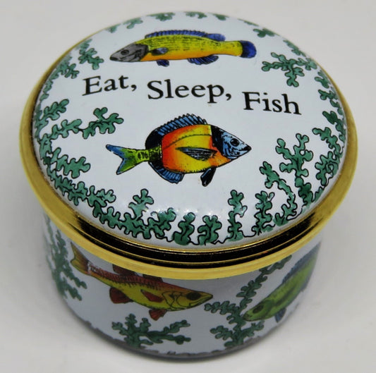HALCYON DAYS ENAMEL BOX- "EAT, SLEEP, FISH" - FISHING - SEAWEED - GUMP'S - GUMPS
