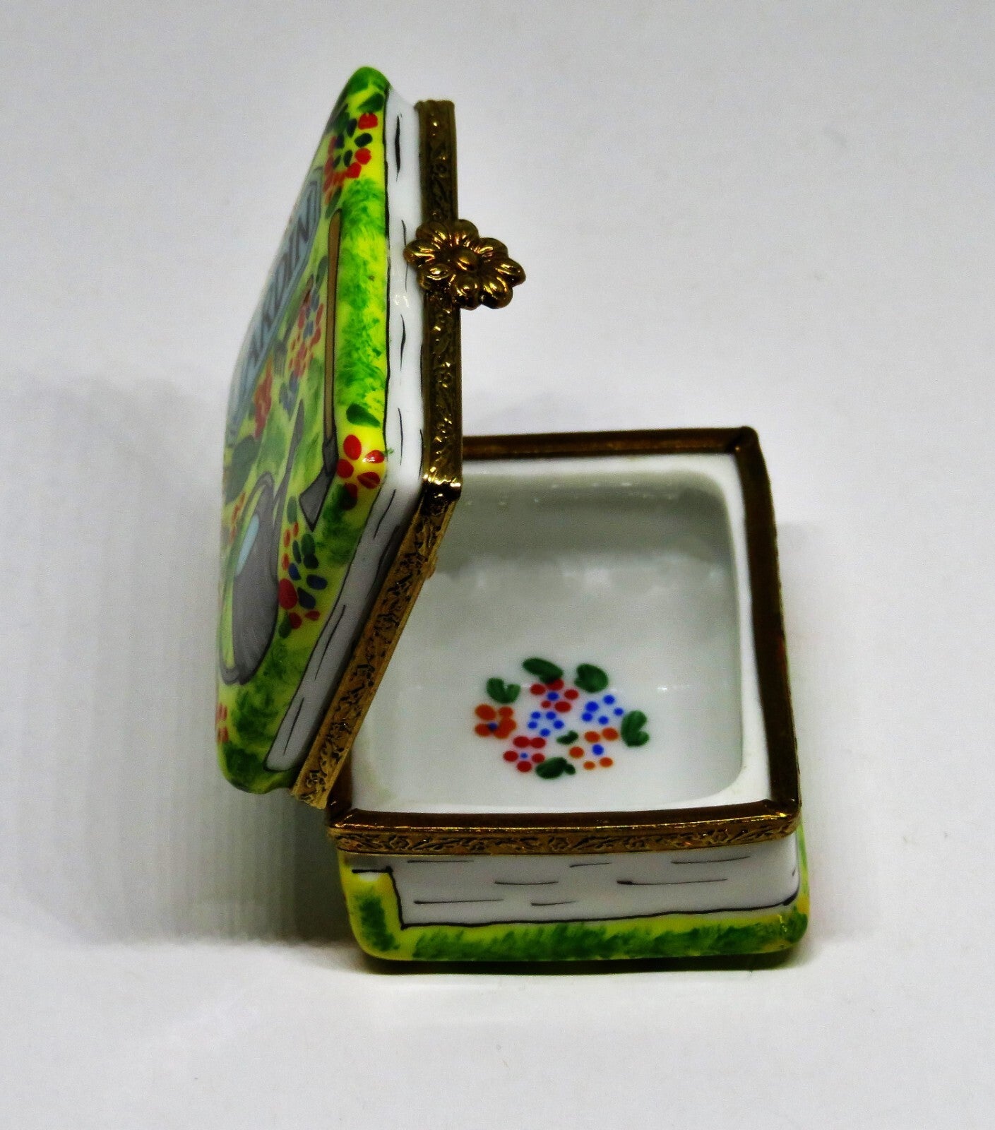 LIMOGES FRANCE BOX -LIMOGES IMPORTS- GARDENING BOOK & TOOLS - FLOWERS - "JARDIN"