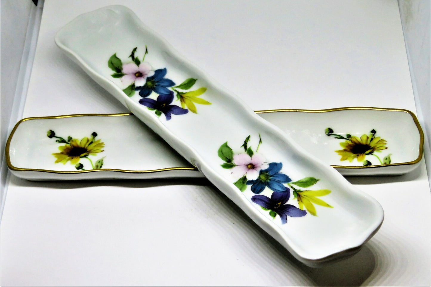 LIMOGES FRANCE - TWO RELISH TRAYS - TRINKET DISH - FLOWERS - ROCHARD