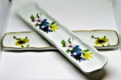 LIMOGES FRANCE - TWO RELISH TRAYS - TRINKET DISH - FLOWERS - ROCHARD