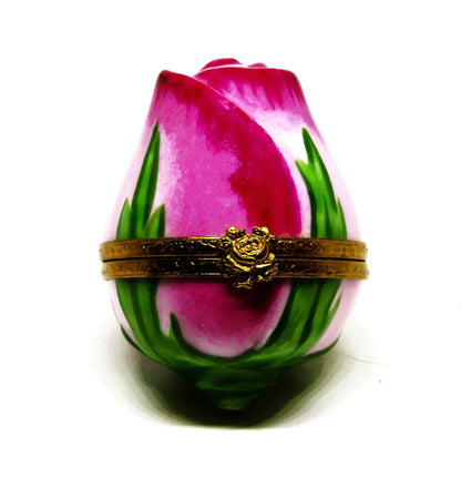 LIMOGES FRANCE BOX - ARTORIA - PINK ROSEBUD & LEAVES - FLOWERS - LE #159