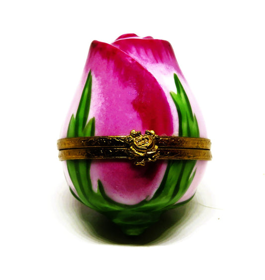 LIMOGES FRANCE BOX - ARTORIA - PINK ROSEBUD & LEAVES - FLOWERS - LE #159