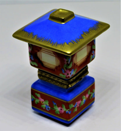 LIMOGES FRANCE BOX - ASIAN LANTERN - FLOWERS & GOLD TASSELS  - BUTTEFLY CLASP