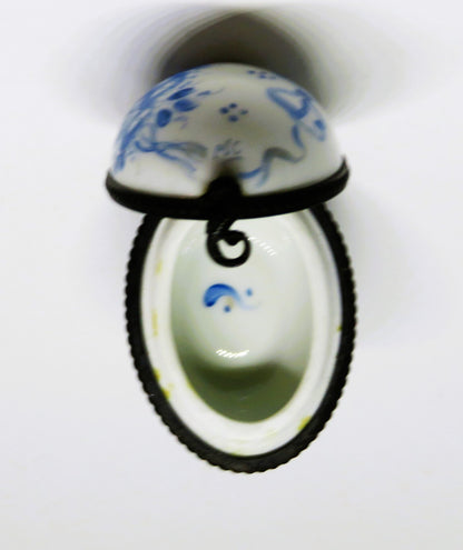 LIMOGES FRANCE BOX ~ VINTAGE FLORAL EASTER EGG ~ BLUE FLOWERS ~ TOP SIGNED "MC"