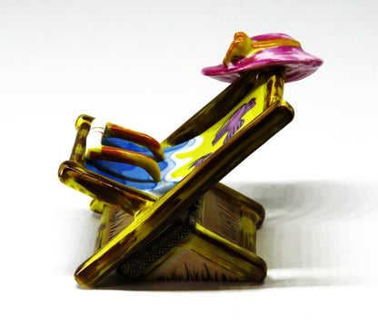 LIMOGES BOX - SINCLAIR - BEACH CHAIR & FISH - 'STRAW' HAT & FLOWER & SUNGLASSES