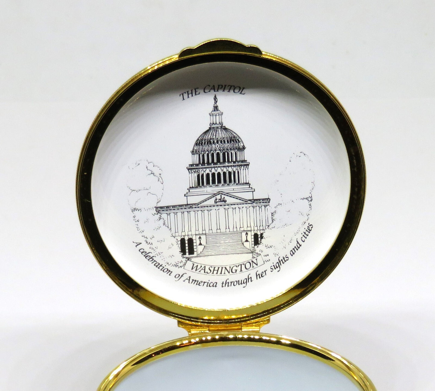 STAFFORDSHIRE ENGLISH ENAMEL BOX - U. S. LANDMARKS - STATUE OF LIBERTY - CAPITOL