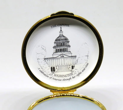 STAFFORDSHIRE ENGLISH ENAMEL BOX - U. S. LANDMARKS - STATUE OF LIBERTY - CAPITOL