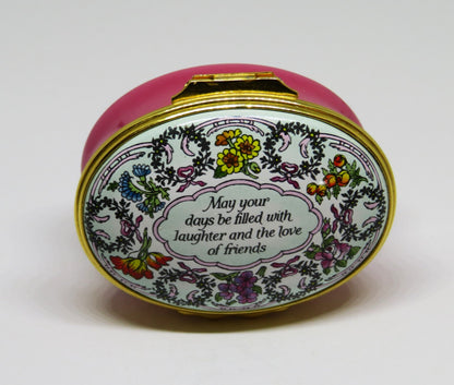 HALCYON DAYS ENGLISH ENAMEL BOX - "LAUGHTER AND THE LOVE OF FRIENDS" - FLOWERS