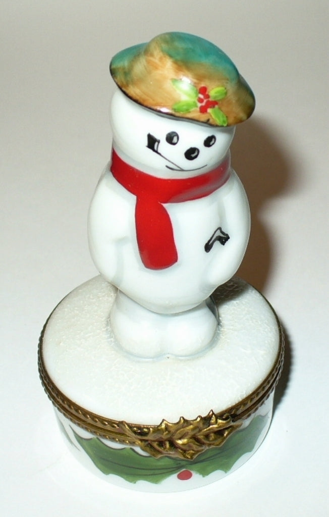 LIMOGES FRANCE BOX- ROCHARD - CHRISTMAS -SNOWMAN & SCARF & HAT & UMBRELLA- HOLLY
