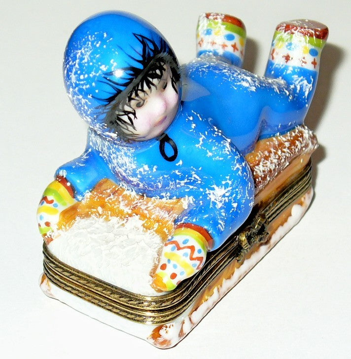LIMOGES FRANCE BOX - CHILD ON A SLED IN THE SNOW - WINTER ACTIVITIES - SPORTS