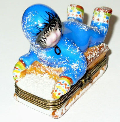 LIMOGES FRANCE BOX - CHILD ON A SLED IN THE SNOW - WINTER ACTIVITIES - SPORTS