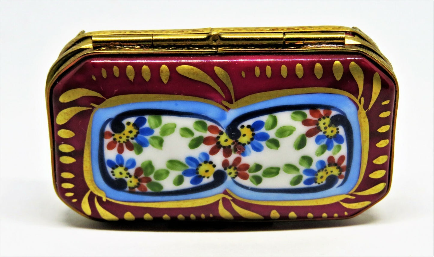 LIMOGES FRANCE BOX - EXIMIOUS - CLASSIC BURGUNDY FLORAL & METAL STAND - FLOWERS