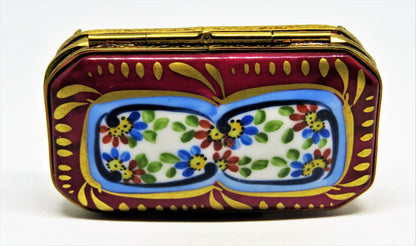 LIMOGES FRANCE BOX - EXIMIOUS - CLASSIC BURGUNDY FLORAL & METAL STAND - FLOWERS