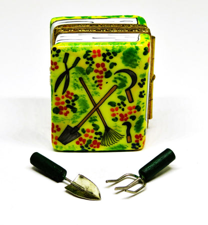 LIMOGES FRANCE BOX -LIMOGES IMPORTS- GARDENING BOOK & TOOLS - FLOWERS - "JARDIN"