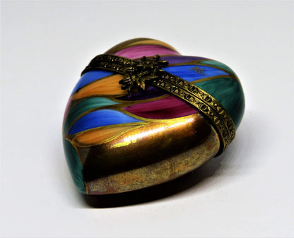 LIMOGES BOX ~ ROCHARD ~ VINTAGE MOSAIC LEAF HEART ~ SIGNED "MC" - ANNIVERSARY