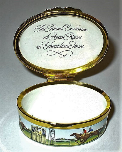 HALCYON DAYS ENAMEL BOX - ROYAL ENCLOSURE AT ASCOT RACES - EDWARDIAN TIMES - MIB