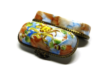 LIMOGES FRANCE - DUBARRY- SMALL FLORAL PIN BOX  - WATERCOLOR FLOWERS - RIBBONS
