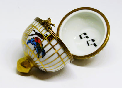LIMOGES FRANCE BOX ~ EXIMIOUS ~ SONG BIRDS IN A ROUND CAGE ~ MUSICAL NOTES