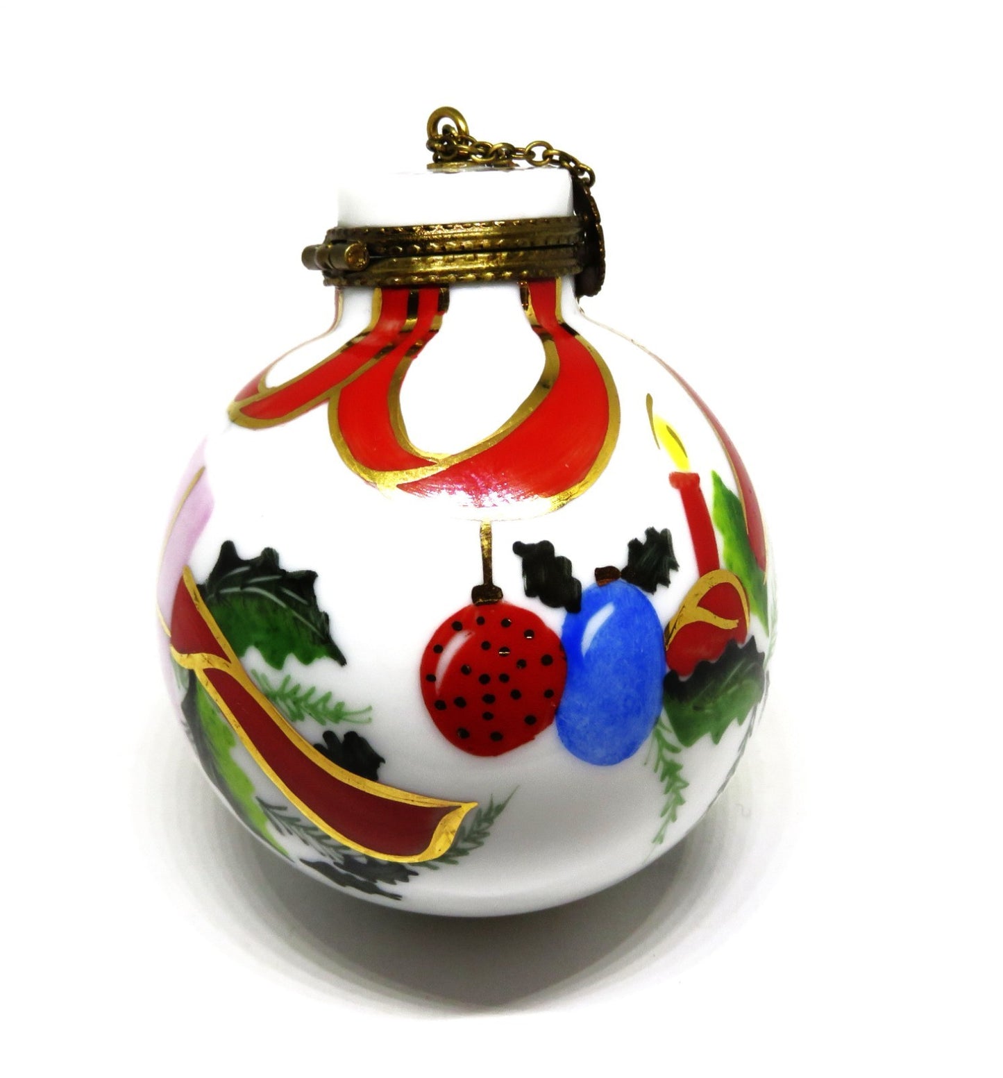 LIMOGES BOX - CHRISTMAS TREE BALL ORNAMENT - HOLLY & RIBBONS & CANDLES & GIFTS