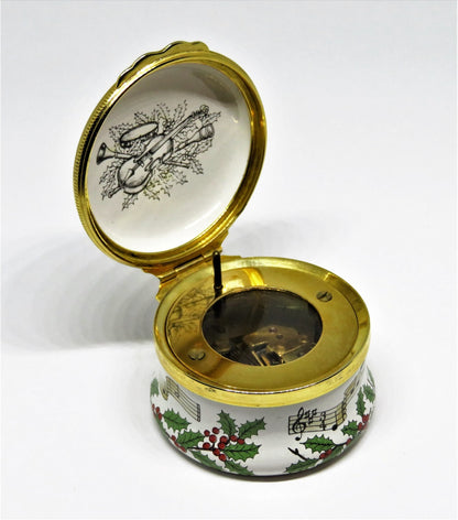 HALCYON DAYS ENAMEL MUSIC BOX - "WE WISH YOU A MERRY CHRISTMAS" - HOLLY - MIB