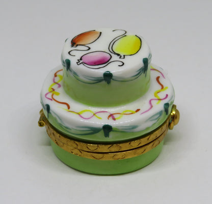 LIMOGES FRANCE BOX ~ MINT GREEN BIRTHDAY CAKE & BALLOONS ~ PEINT MAIN