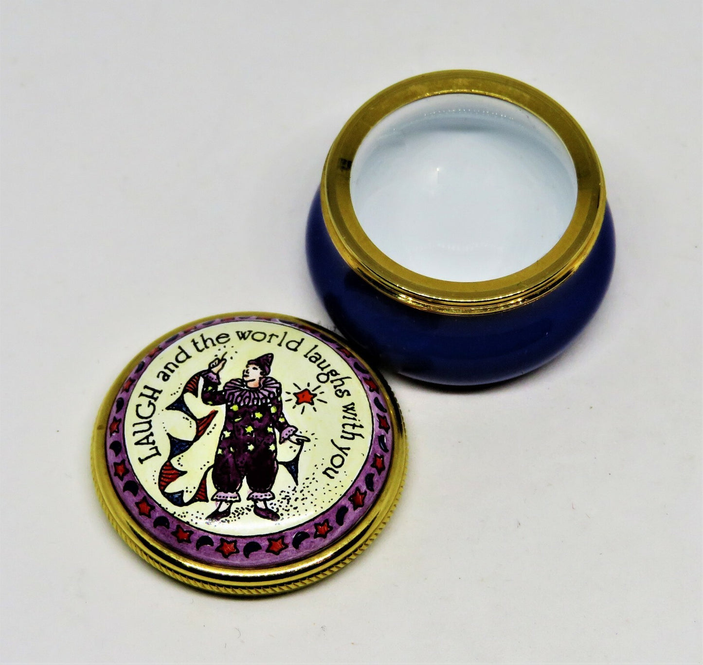 STAFFORDSHIRE ENAMELS BOX - "LAUGH AND THE WORLD LAUGHS WITH YOU" - CLOWN - MIME