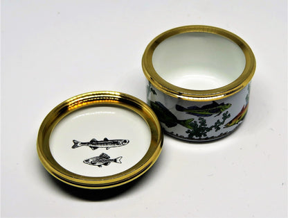 HALCYON DAYS ENAMEL BOX- "EAT, SLEEP, FISH" - FISHING - SEAWEED - GUMP'S - GUMPS