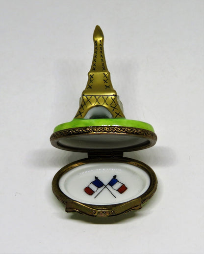 LIMOGES BOX ~ PARRY-VIEILLE ~ TINY GOLD EIFFEL TOWER ~ FRENCH FLAGS ~ PEINT MAIN