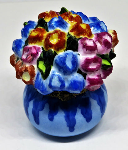 LIMOGES FRANCE BOX - ELDA - BLUE VASE & FLOWERS - BLUE, ORANGE & PINK TULIPS