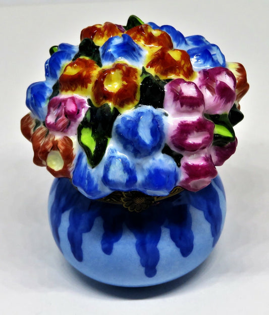 LIMOGES FRANCE BOX - ELDA - BLUE VASE & FLOWERS - BLUE, ORANGE & PINK TULIPS