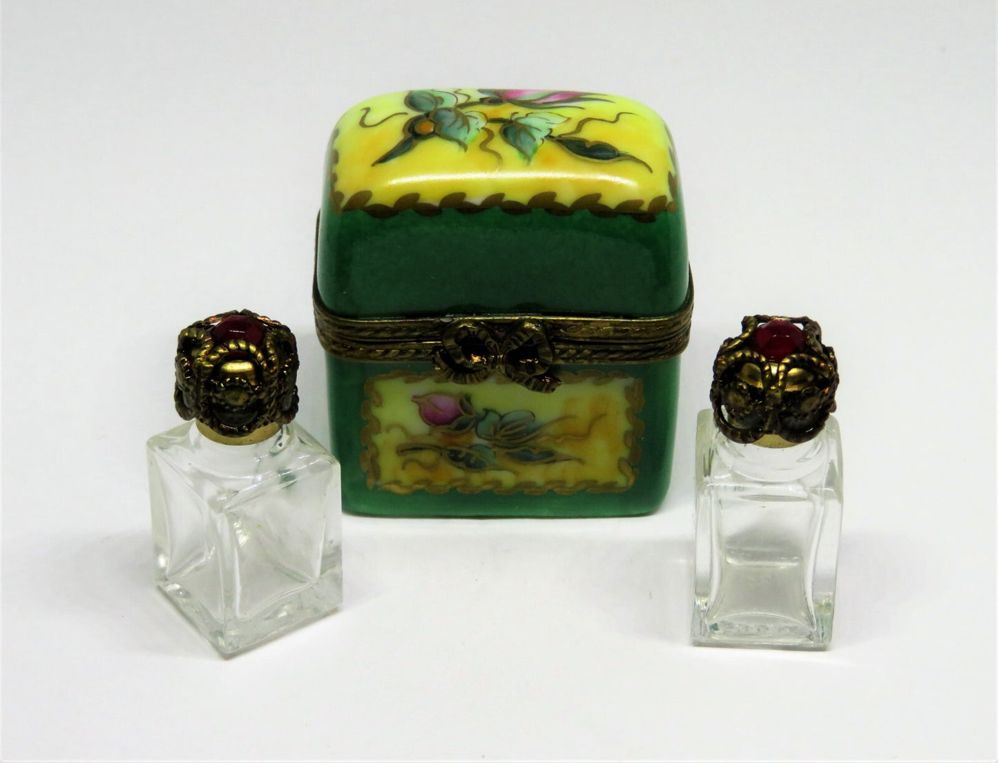 LIMOGES FRANCE BOX -CHAMART- FLORAL CHEST & 2 PERFUME BOTTLES -FLOWERS- ROSEBUDS