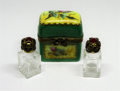 LIMOGES FRANCE BOX -CHAMART- FLORAL CHEST & 2 PERFUME BOTTLES -FLOWERS- ROSEBUDS