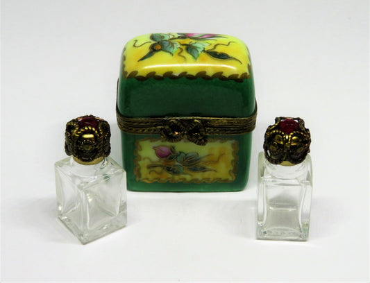 LIMOGES FRANCE BOX -CHAMART- FLORAL CHEST & 2 PERFUME BOTTLES -FLOWERS- ROSEBUDS