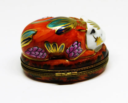 LIMOGES FRANCE BOX - SLEEPING ASIAN CAT -FLORAL CROUCHING KITTY- FLOWERS - MOUSE