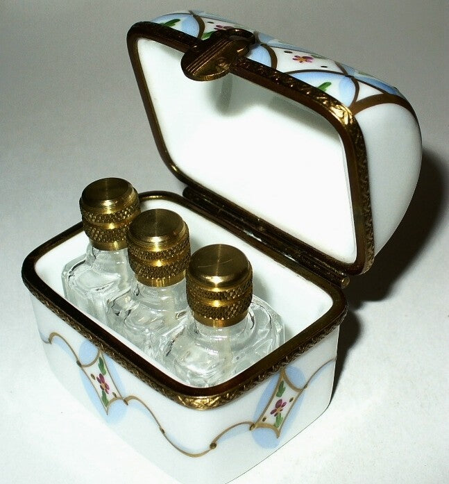 LIMOGES FRANCE BOX~ DUBARRY ~ CHEST & 3  PERFUME BOTTLES ~ FLOWERS ~ PEINT MAIN