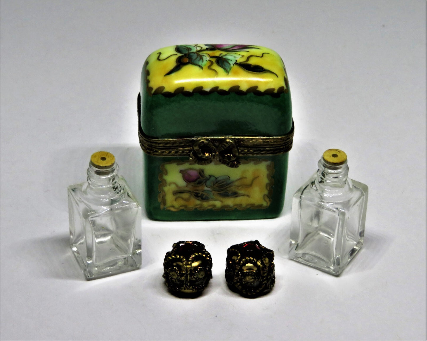LIMOGES FRANCE BOX -CHAMART- FLORAL CHEST & 2 PERFUME BOTTLES -FLOWERS- ROSEBUDS