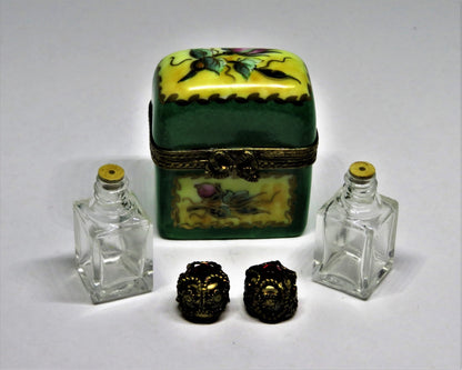 LIMOGES FRANCE BOX -CHAMART- FLORAL CHEST & 2 PERFUME BOTTLES -FLOWERS- ROSEBUDS