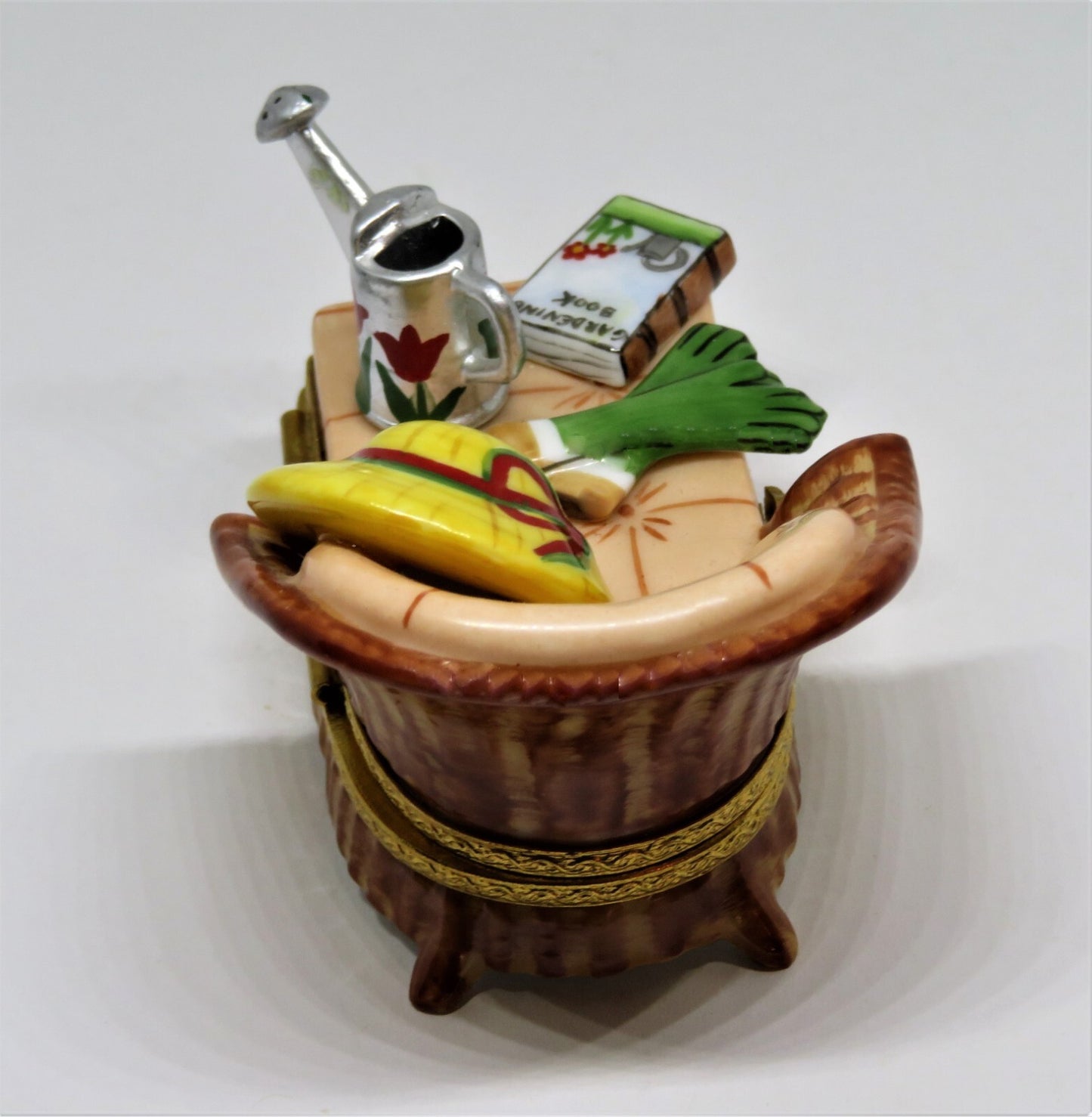 LIMOGES BOX - GARDEN CHAIR - HAT & RUBBER GLOVES & WATERING CAN & GARDENING BOOK