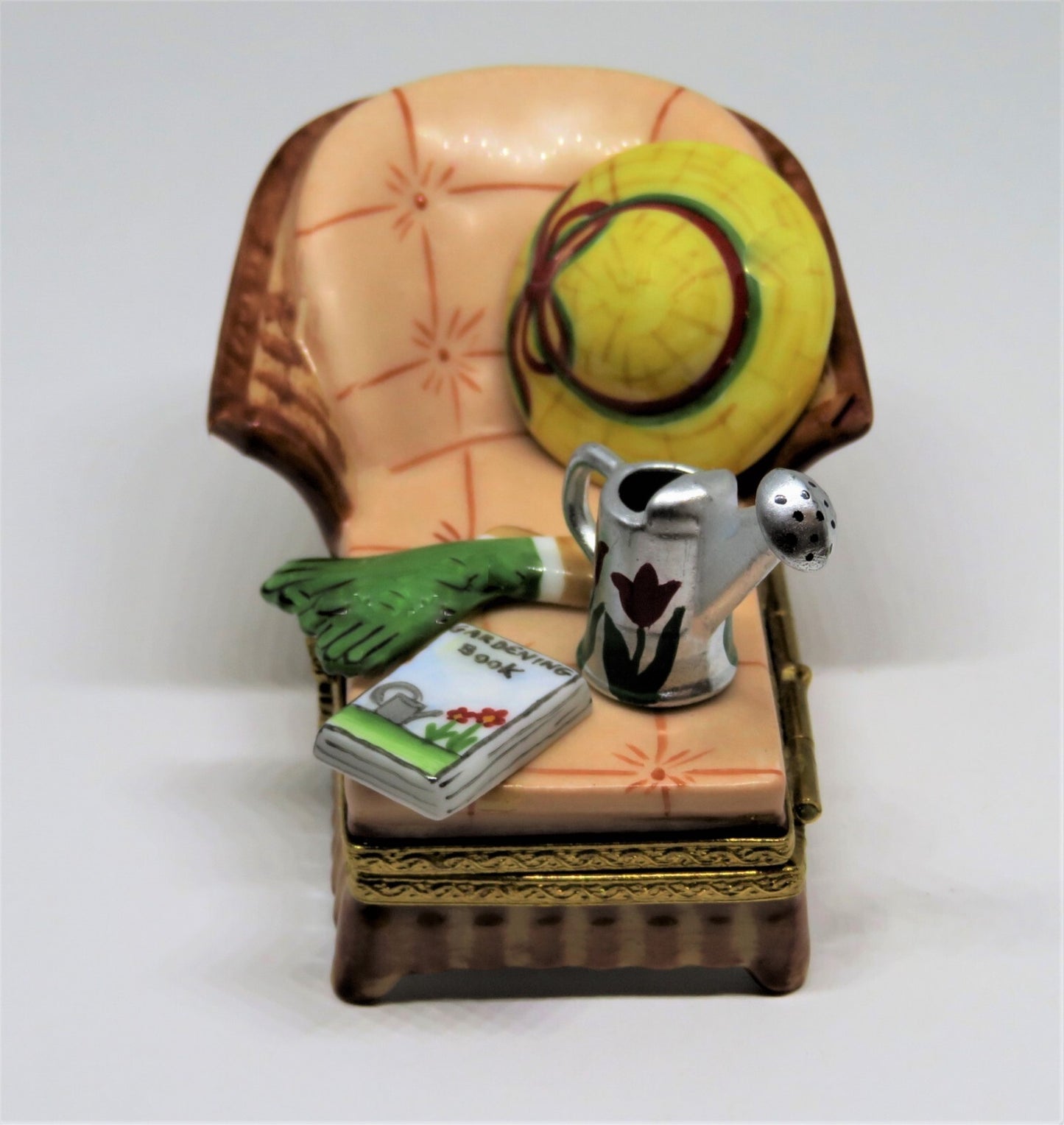 LIMOGES BOX - GARDEN CHAIR - HAT & RUBBER GLOVES & WATERING CAN & GARDENING BOOK