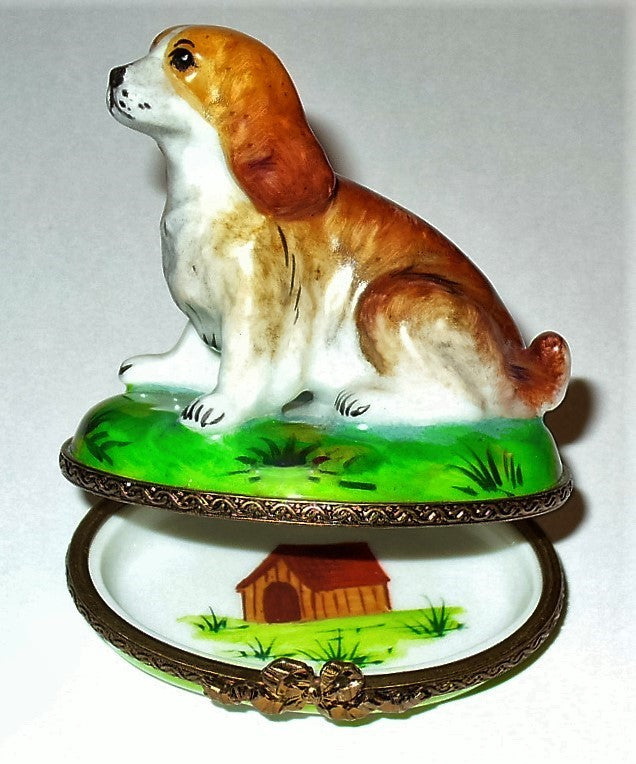 LIMOGES FRANCE BOX - PARRY-VIEILLE - COCKER SPANIEL - PUPPY - DOG HOUSE INSIDE