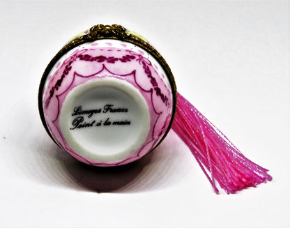 LIMOGES FRANCE BOX - VINTAGE EGG - BABY IN A CARRIAGE -PINK TASSEL  & BOWS- GIRL