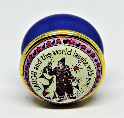 STAFFORDSHIRE ENAMELS BOX - "LAUGH AND THE WORLD LAUGHS WITH YOU" - CLOWN - MIME