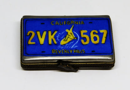 LIMOGES FRANCE BOX~ CALIFORNIA LICENSE PLATE ~ MAN ON A SURFBOARD ~ GOLDEN STATE