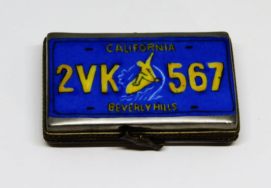 LIMOGES FRANCE BOX~ CALIFORNIA LICENSE PLATE ~ MAN ON A SURFBOARD ~ GOLDEN STATE