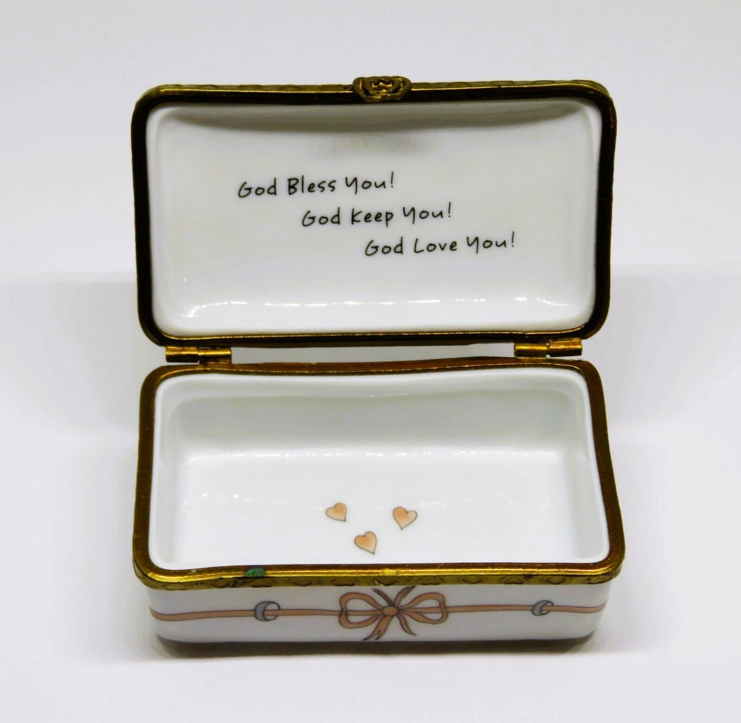LIMOGES FRANCE BOX ~ ROCHARD ~ 3 LITTLE ANGELS ~ PINK HEARTS ~ "GOD BLESS YOU!"