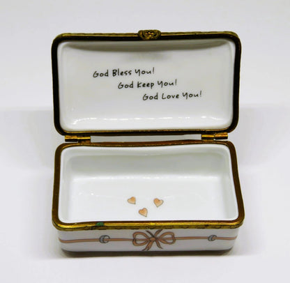 LIMOGES FRANCE BOX ~ ROCHARD ~ 3 LITTLE ANGELS ~ PINK HEARTS ~ "GOD BLESS YOU!"