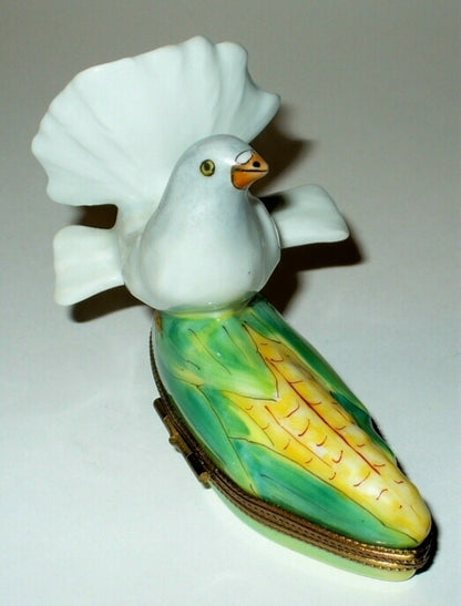 LIMOGES FRANCE BOX - THANKSGIVING - WHITE FANTAIL DOVE ON AN EAR OF CORN - BIRDS