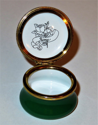STAFFORDSHIRE ENGLISH ENAMEL BOX - FLOWER OF THE MONTH - JUNE - ROSES - LADYBUG