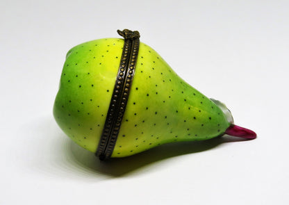 LIMOGES FRANCE BOX  - LARGE SPECKLED PEAR & STEM - 3 DIMENSIONAL LEAF - FRUITS