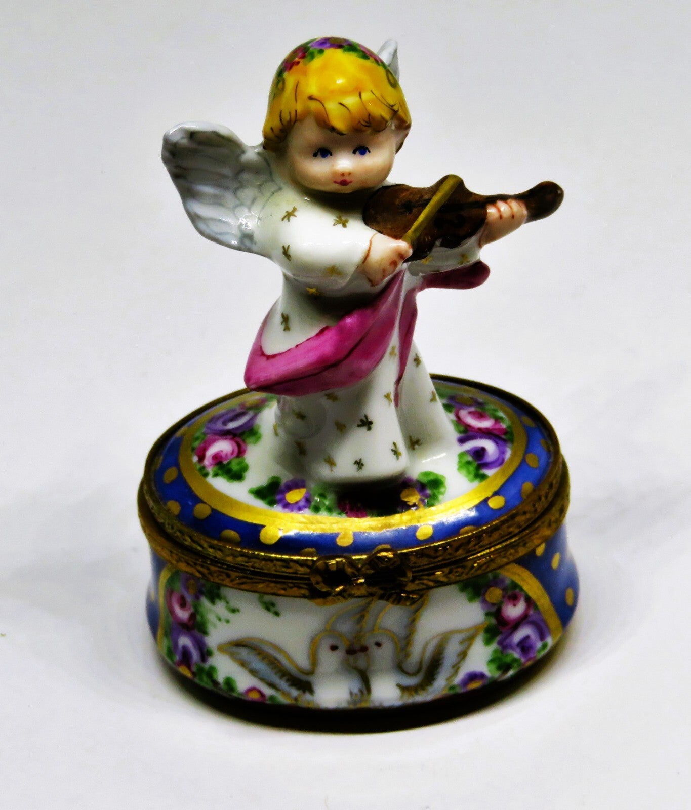 LIMOGES FRANCE BOX - CHRISTMAS - ANGEL & VIOLIN - FLOWERS & DOVES & STARS